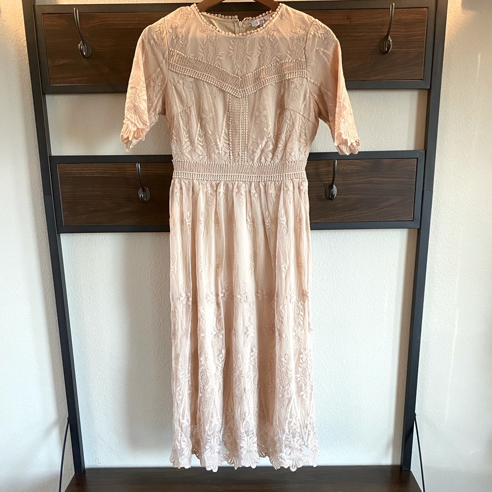 Polagram Short Sleeve Lace Midi Dress